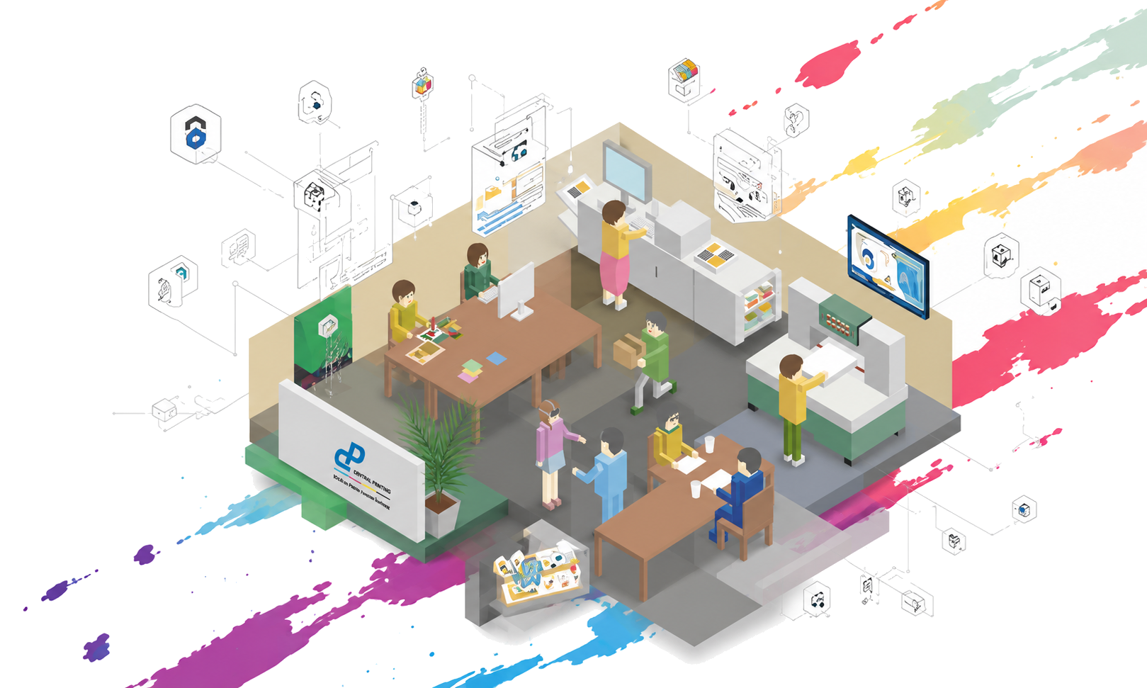セントラル印刷のオフィスで働くスタッフのイラスト